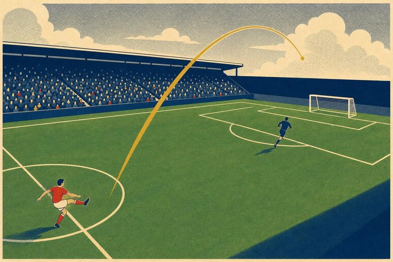 Illustration of a long lob arcing over the pitch towards an empty goal