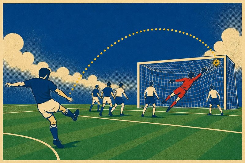 Illustration of a football curling into the top corner of a goal along a dotted golden path