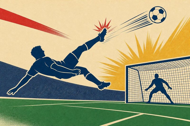 Illustration of a footballer in silhouette performing an overhead kick towards goal
