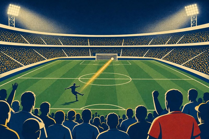 Illustration of a floodlit stadium with a player following through on a long shot